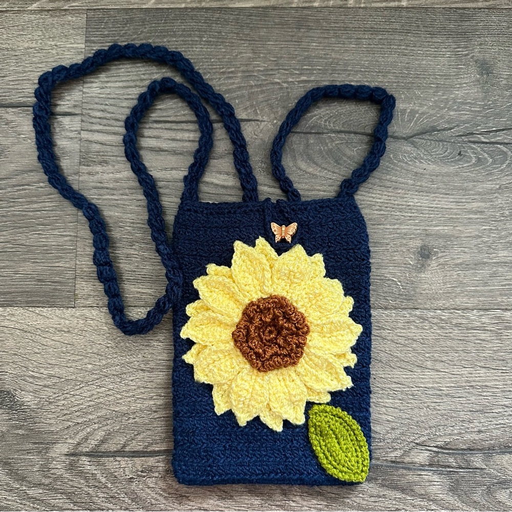 Handmade Crochet Sunflower Navy Blue Crossbody Bag